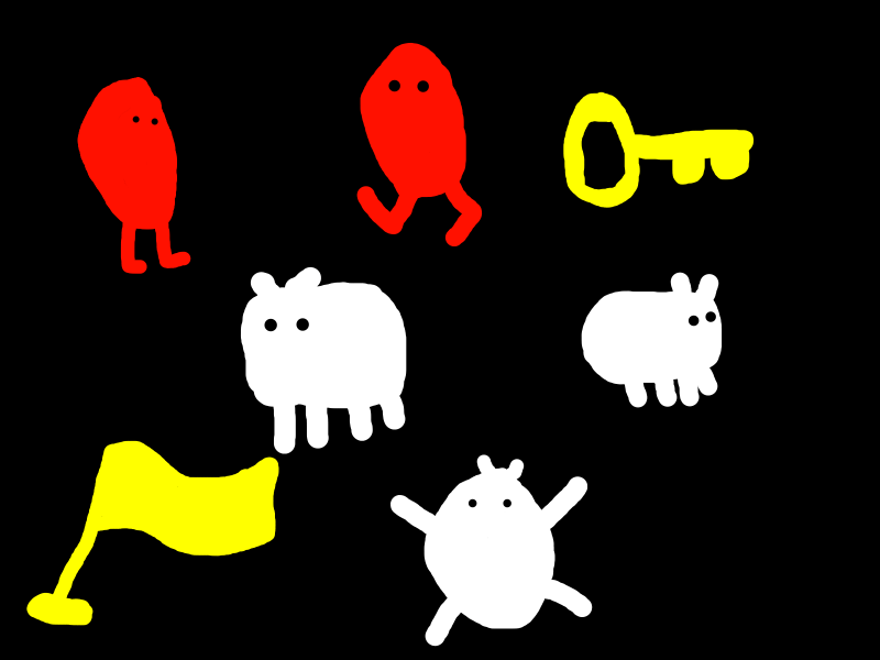 Baba Is You fanart. Baba, Keke, Key, and Flag represented as blobs of color on a black background.