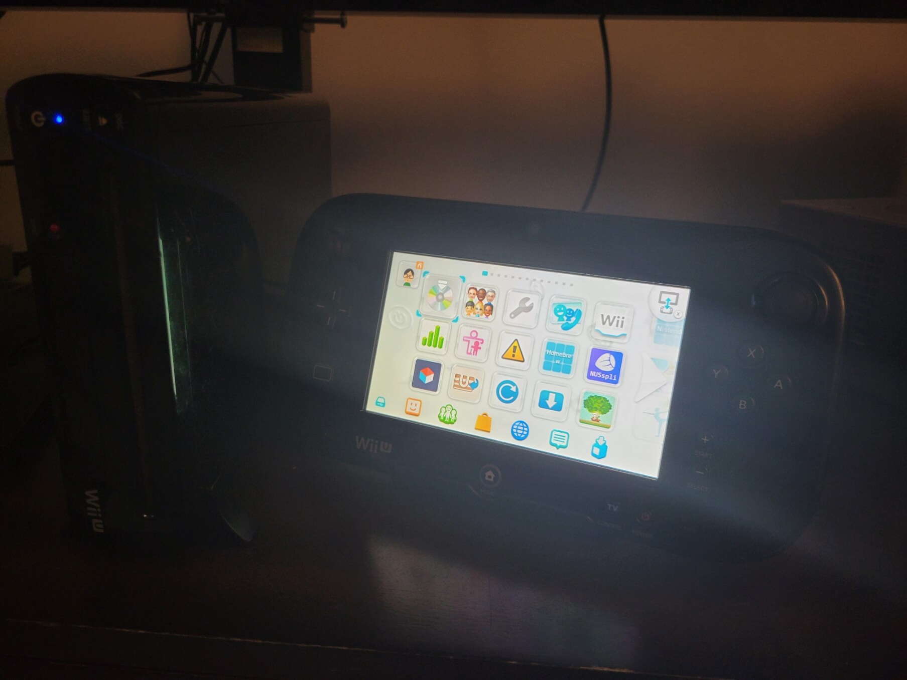 Wii U with Gamepad, showing homebrew apps